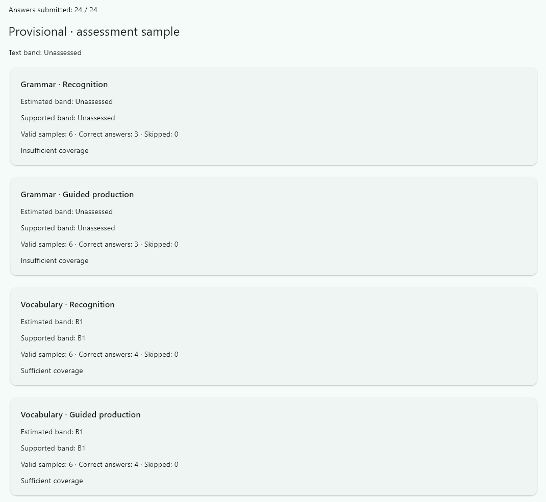 Captura auténtica de Assessment: muestra provisional, gramática sin evaluar y vocabulario B1.